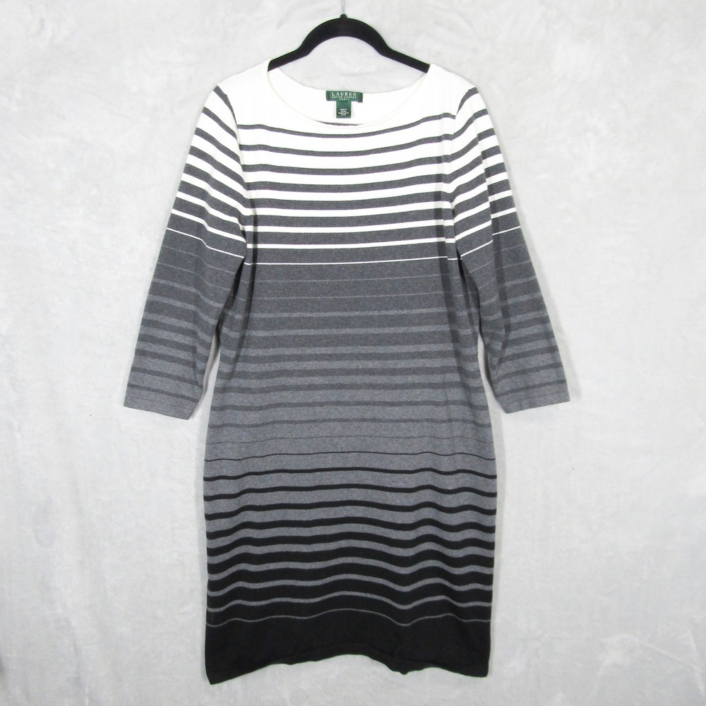 Lauren Ralph Lauren Sweater Dress Large Womens Striped Knit Sheath Grey White